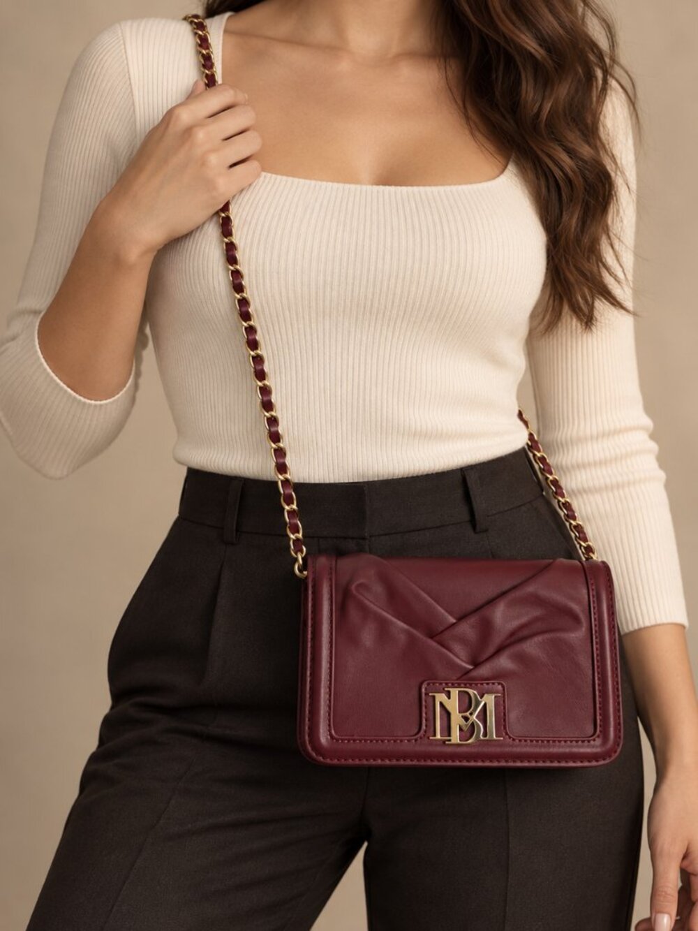 Badgley Mischka Burgundy Envelope Chain Crossbody Bag Gold Logo
